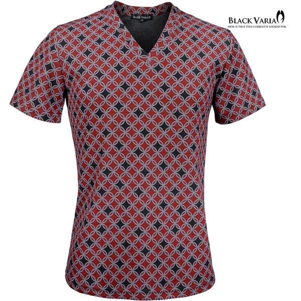 BLACK VARIA Tシャツ 半袖 Vネック 七宝柄 和柄 吉祥文様 スリム 細身 ストレッチ ...