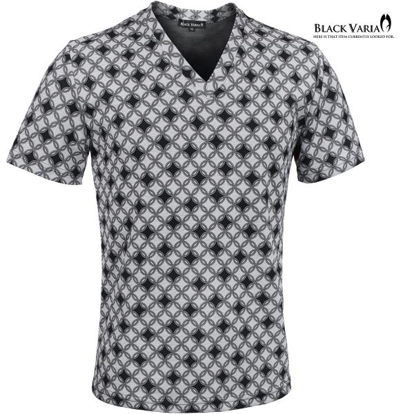 BLACK VARIA Tシャツ 半袖 Vネック 七宝柄 和柄 吉祥文様 スリム 細身 ストレッチ ...