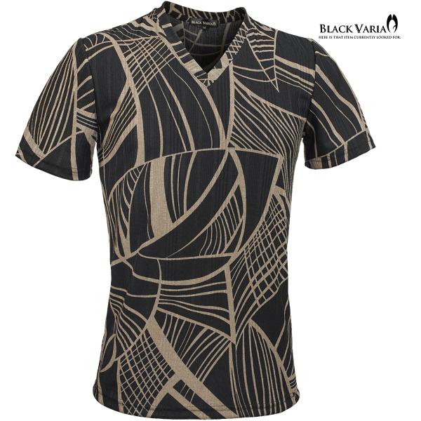 BLACK VARIA Tシャツ 半袖 Vネック 幾何学模様 曲線 アート 和柄 スリム 細身 スト...