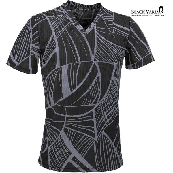 BLACK VARIA Tシャツ 半袖 Vネック 幾何学模様 曲線 アート 和柄 スリム 細身 スト...
