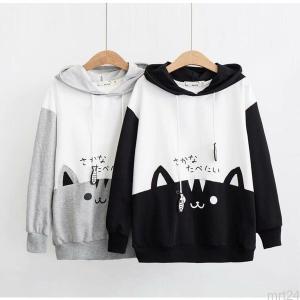 レディースパーカーロリータ可愛いプルオーバー猫プリント魚パーカーフード付き森ガール系ネコガールズトップスアウターカジュアルスウェット