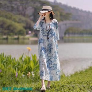 ワンピース 春 ワンピ ロングワンピース レディース 秋 膝丈 7分丈袖 体型カバー Aライン 綿 花柄 レトロ プリント 新作 ゆったり シンプル 40代