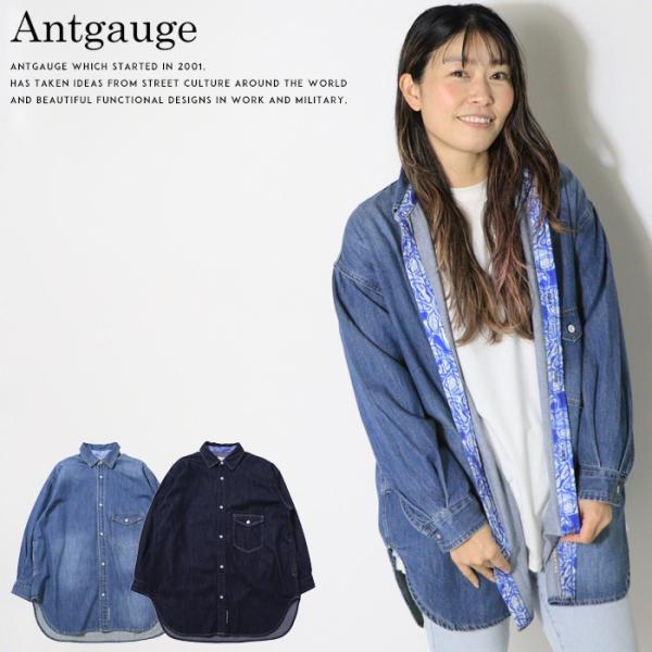 antgauge アントゲージ 長袖シャツ デニムシャツ ポケット ロゴ オーバーサイズ レディース...
