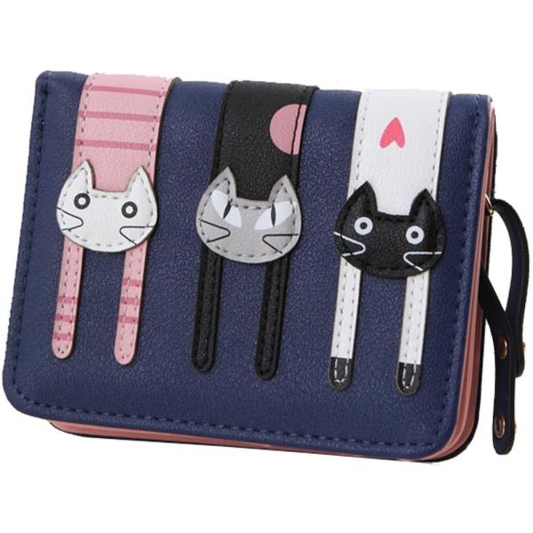 ノーブランド品かわいい猫柄の ミニ財布 かわいい 二つ折り財布 ガールズ レディース ネイビー