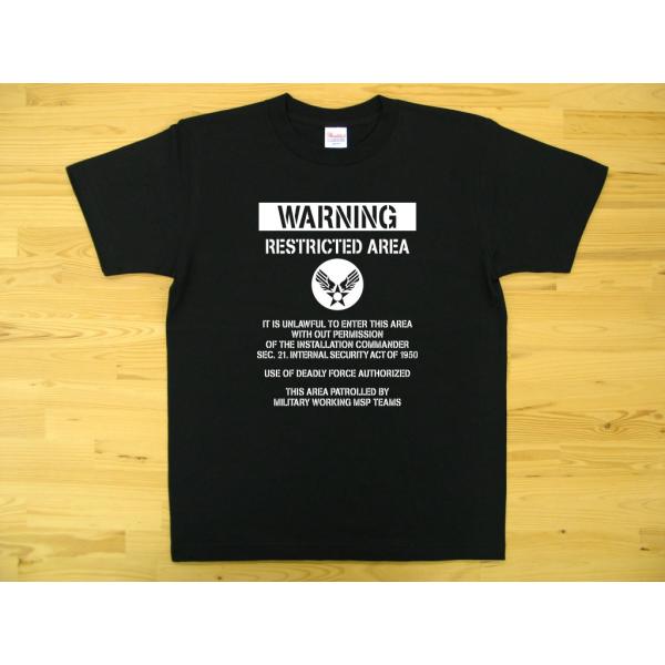 RESTRICTED AREA 黒 5.6oz 半袖Tシャツ 白色プリント ミリタリー U.S. A...