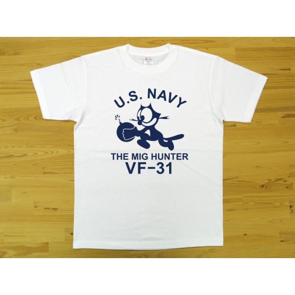 U.S. NAVY VF-31 白 5.6oz 半袖Tシャツ 紺色プリント ミリタリー トムキャット...
