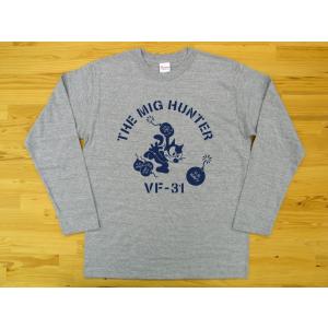 THE MIG HUNTER 杢グレー 長袖Tシャツ 紺色プリント ミリタリー トムキャット VFA-31 VF-31｜MSP