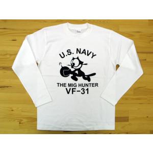 U.S. NAVY VF-31 白 長袖Tシャツ 黒色プリント ミリタリー トムキャット VFA-31