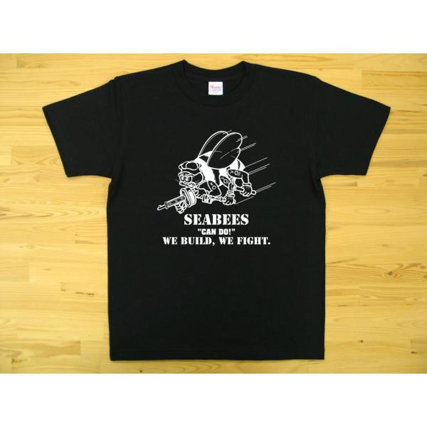 SEABEES 黒 5.6oz 半袖Tシャツ 白色プリント ミリタリー シービーズ U.S. NAV...