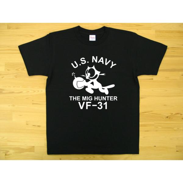 U.S. NAVY VF-31 黒 5.6oz 半袖Tシャツ 白色プリント ミリタリー トムキャット...