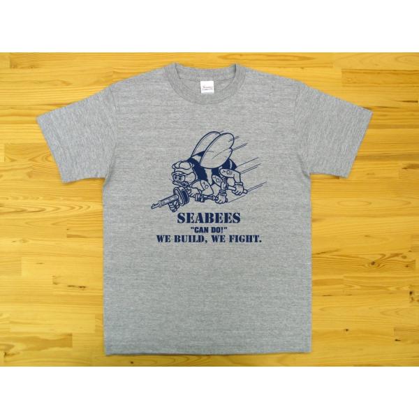 SEABEES 杢グレー 5.6oz 半袖Tシャツ 紺色プリント ミリタリー シービーズ U.S. ...