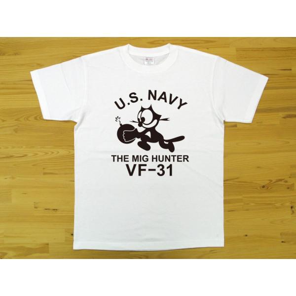 U.S. NAVY VF-31 白 5.6oz 半袖Tシャツ 黒色プリント ミリタリー トムキャット...