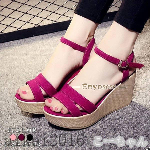 ウェッジサンダル レディース ウェッジソール シンプル 厚底 シューズ 美脚 履きやすい 新作 歩き...