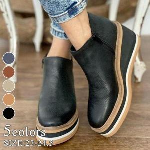アンクル スリッポン ショート ブーツ 厚底 レトロ風 ソール 秋冬 ブーツ カジュアル シューズ 靴 レディース