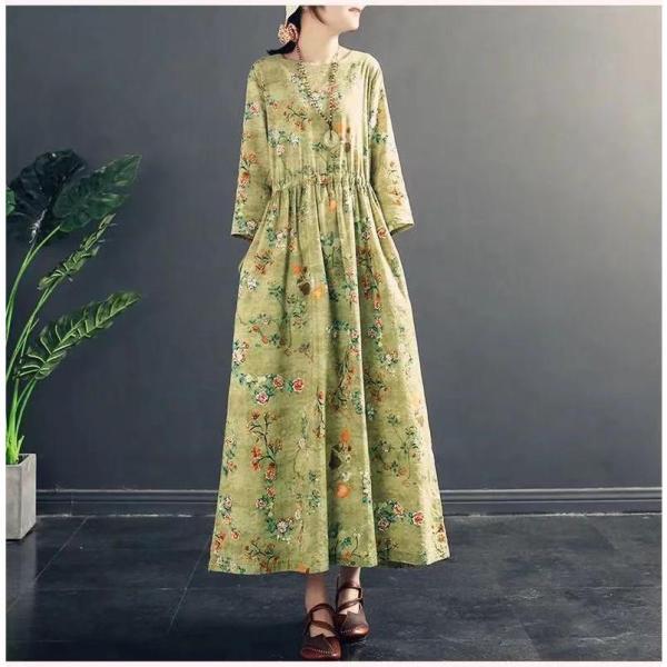 綿麻風花柄 レディース ロング丈 長袖 ラウンドネック フレアワンピース チェニックaラインワンピー...