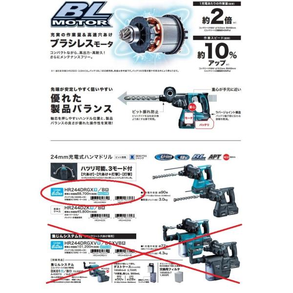 マキタ24mm充電式ハンマドリル18V6.0Ah HR244DRGX（青）／HR244DRGXB（黒...
