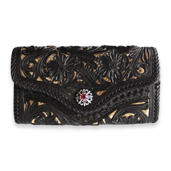 カービングウォレット 透かし彫り/サドル黒/GOLDパイソン/ユリゴシックCZコンチョJabara