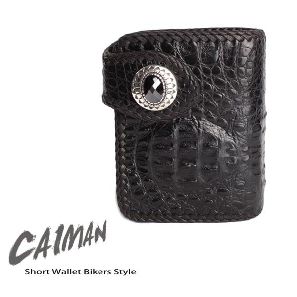二つ折り財布 ワニ革カイマンクラウンブラック ショートウォレット/コンチョオニキス バイカーズウォレ...