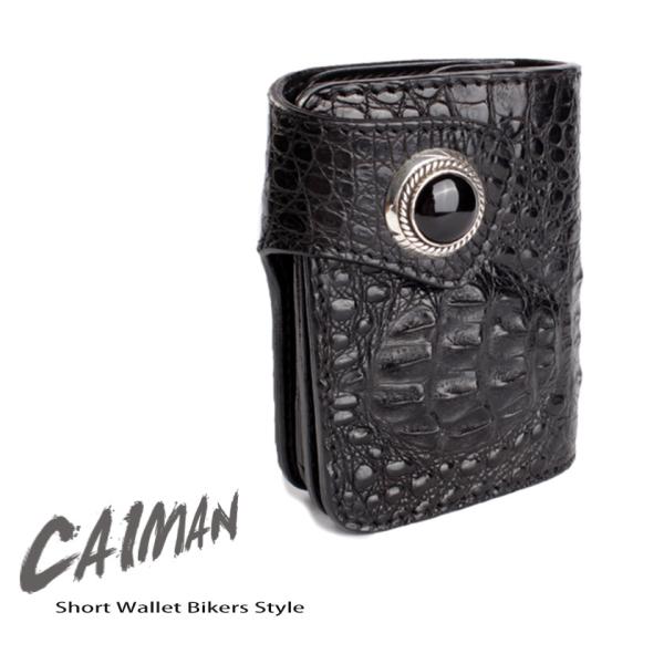 二つ折り財布 ワニ革カイマンクラウンブラック ショートウォレット/コンチョオニキス バイカーズウォレ...