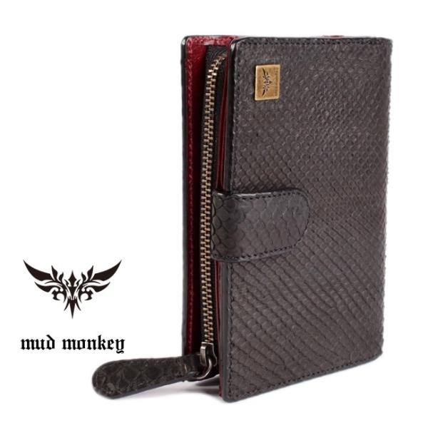 パイソン二つ折り財布・マットブラック/L字ファスナーコインケース/ベロ付