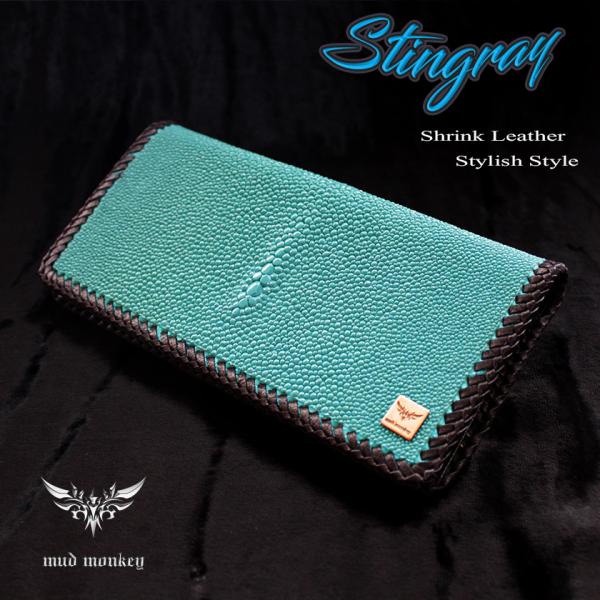 スティングレイ・エイ革長財布/キャビアターコイズ/ブラックレース編み/Safari