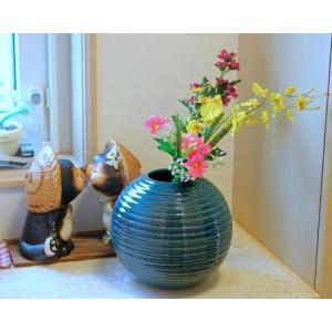 信楽焼 花瓶 青ガラス 彫り 丸 5号 おしゃれ 一輪挿し 小さい 花入