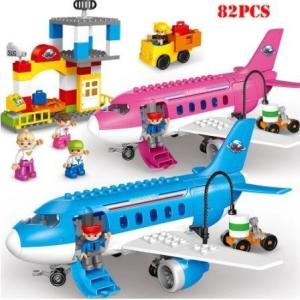 ブロック 飛行機 レゴ互換 LEGO デュプロ 知育 空港 82pcs ブルー ピンク