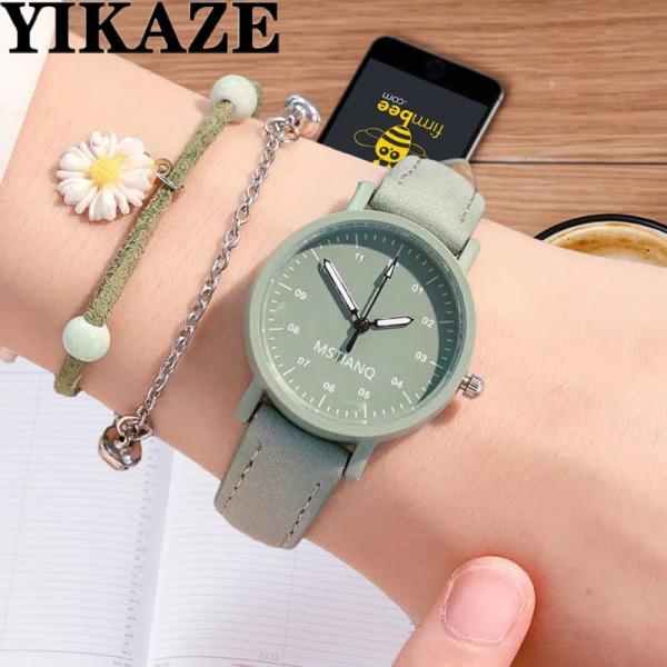 Yikaze-女性用合成皮革腕時計、女性用クォーツウォッチ、ラウンドダイヤル、レトロスタイル、女の子...