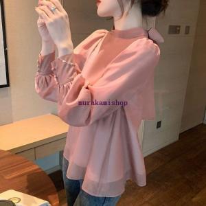 ブラウス レディース 40代 春秋 オシャレブラウス 長袖トップス パフスリーブ 白シフォンシャツ リボン おしゃれ 通学通勤 オフィス ゆったり シャツ30代 新作