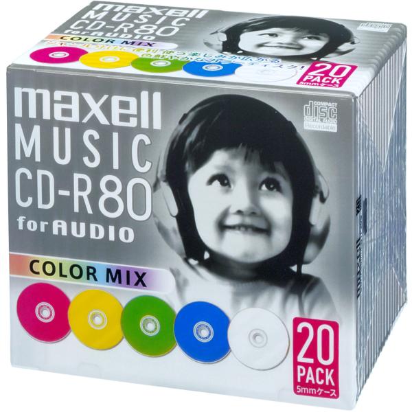 maxell マクセル 音楽用CD-R、録音時間80分 カラーレーベル 20枚パック 1枚ずつプラケ...