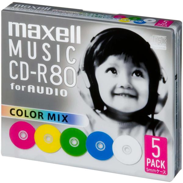 maxell マクセル 音楽用CD-R、録音時間80分、カラーレーベル、5枚パック、1枚ずつプラケー...