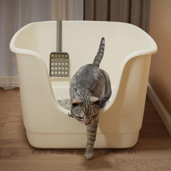 猫 トイレ 大型 猫用トイレ本体 スコップ付き 大きな猫のトイレ シンプル 飛び散り防止 オープンタ...