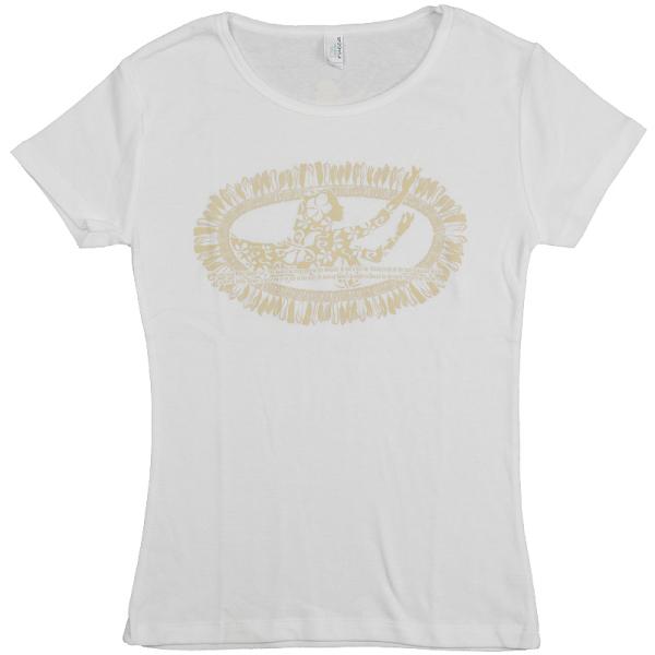 フラダンス Tシャツ レディース 半袖 ホワイトジンジャー柄 白地 ベージュ プリント フィット 美...