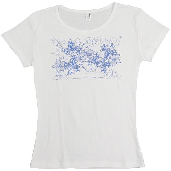 フラダンス Tシャツ レディース 半袖 ハイビスカス＆プルメリア柄 白地 青 プリント フィット 美...