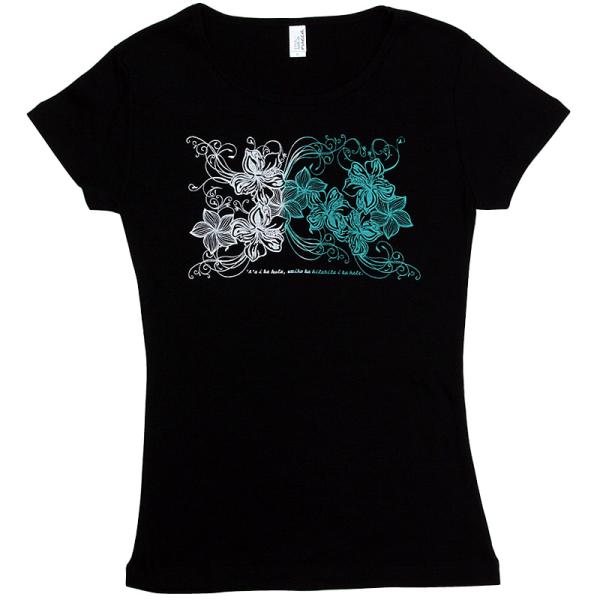 フラダンス Tシャツ レディース 半袖 ハイビスカス＆プルメリア柄 黒地 グラデーション プリント ...