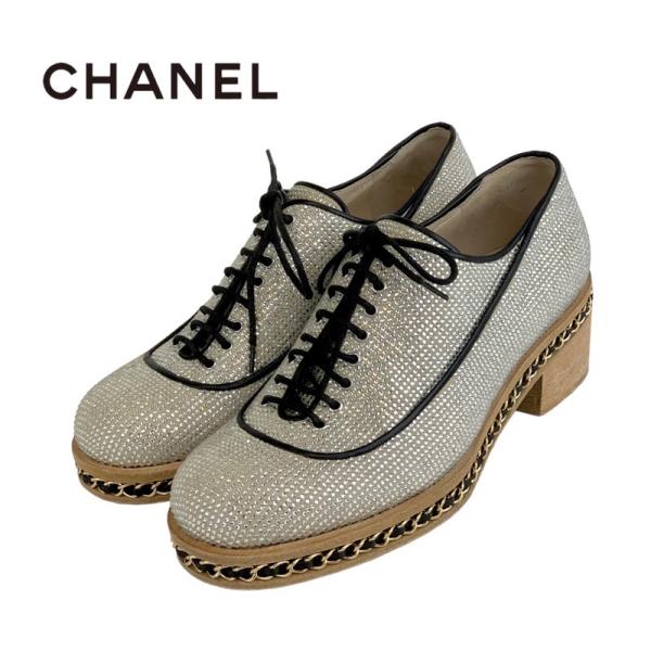 シャネル CHANEL ローファー 革靴 靴 シューズ レザー ウッド シルバー ブラック レースア...