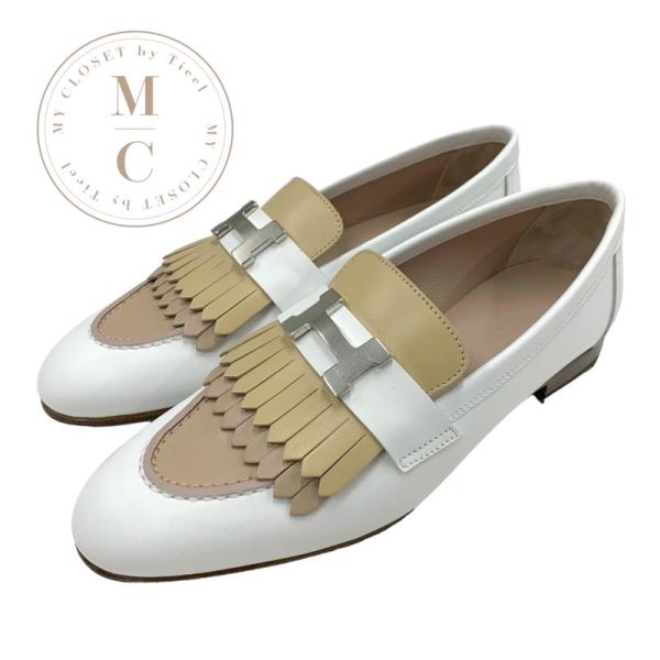 エルメス HERMES ロワイヤル ローファー 革靴 靴 シューズ レザー ホワイト ベージュ 白 ...