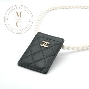 シャネル CHANEL カードケース カード入れ パスケース ブラック ゴールド ココマーク マトラッセ パールチェーン