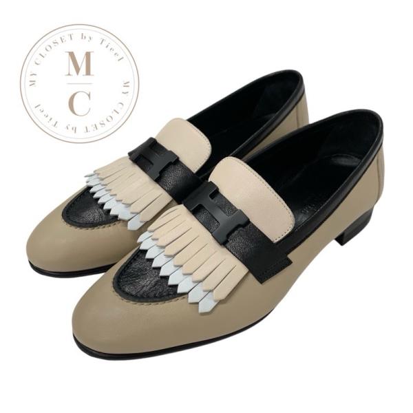 エルメス HERMES ロワイヤル ローファー 革靴 靴 シューズ レザー ベージュ ブラック ホワ...