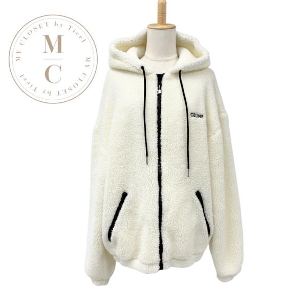 セリーヌ CELINE アウター アクリル ホワイト 白 トリオンフ ルーズフード フリースジャケッ...