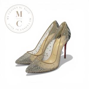 クリスチャンルブタン Christian Louboutin パンプス 靴 シューズ レザー グリッター シルバー ベージュ 未使用 メッシュ ラインストーン