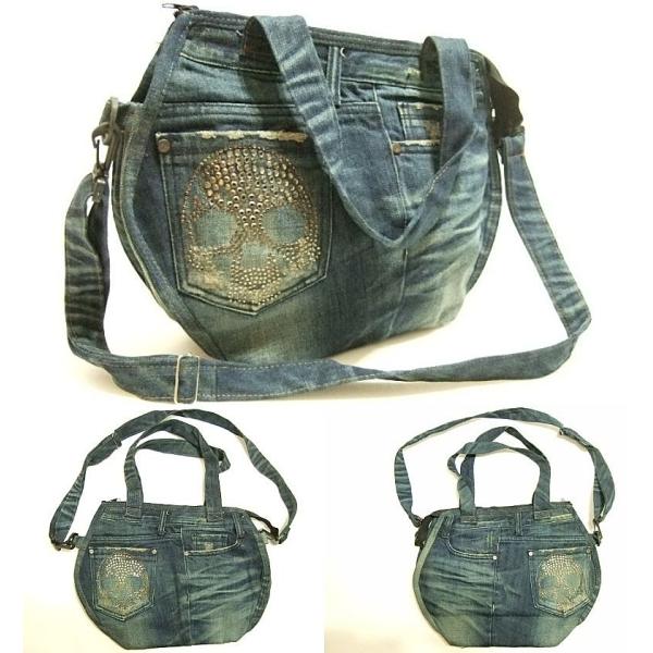 横浜最新 魅惑のデニム ショルダー&amp;手提げツーウェイダメージバッグ ラインストーンドクロ柄 巾38c...