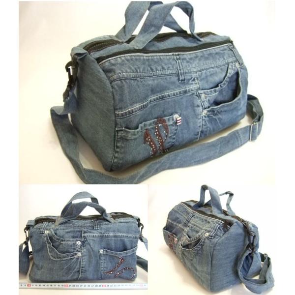横浜最新 魅惑のデニム手提げ&amp;ショルダーツーウェイリメイクバッグ ♪2連巾広チャック 横巾約31cm...