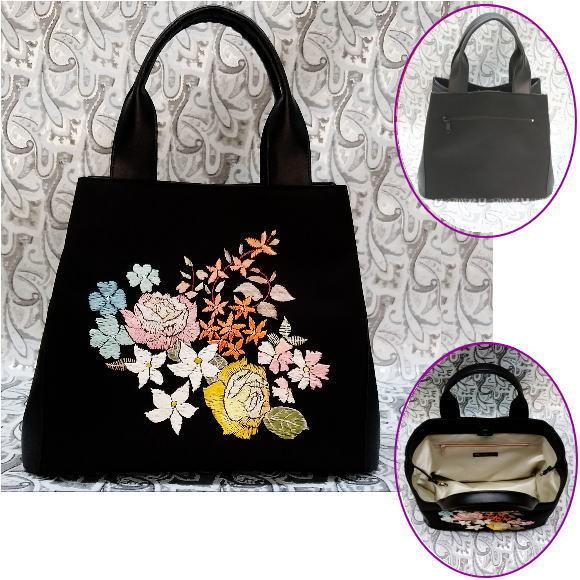 特注　お客様作成の刺繍の生地を正面の柄にしたバッグ作成　アクア　AQA-005（仕立て・材料費込）（...