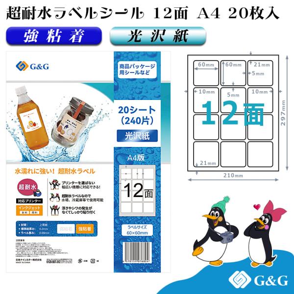 G&amp;G ラベルシール 超耐水 光沢紙 A4 20枚 12面 (正方形) 幅60mm 高さ60mm イ...