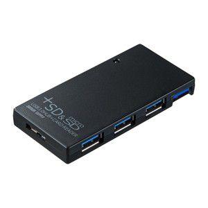 USB3.0 SDカードリーダー付きハブ（ブラック）USB3.0対応のSDカードリーダー付き3ポートUSBハブ。据え置きでも持ち運びでも使える2種類のケーブル付き。｜myoffice