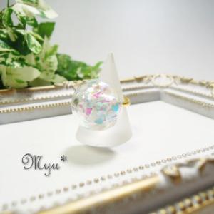 リング ガラスドーム オーロラ 水色 ホログラム キラキラ ハート ガーリー キュート 女性 プレゼント｜myu-accessory