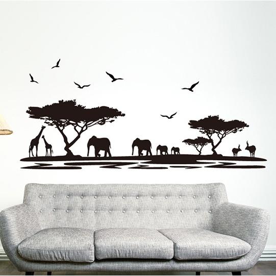 ウォールステッカー 大きめ サファリ モノクロ 壁紙シール 象とキリン アフリカの野生動物 木 模様...