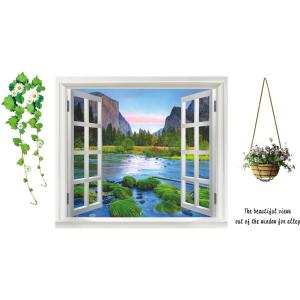 ウォールステッカー 窓枠 山と河川の風景 鉢植えと花 壁紙シール 癒される 緑 ブルー 送料無料｜n-m