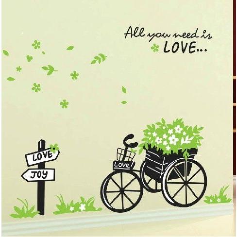ウォールステッカー 三輪車と花かご 壁シール LOVE おしゃれ文字 自然 簡単イメチェン 送料無料